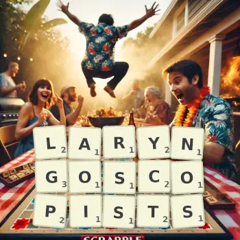 Creative illustration for a Scrabble game with the word LARYNGOSCOPISTS spelled out in tiles on the board.