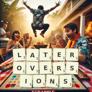 Creative illustration for a Scrabble game with the word LATEROVERSIONS spelled out in tiles on the board.