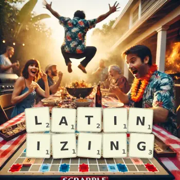 Creative illustration for a Scrabble game with the word LATINIZING spelled out in tiles on the board.