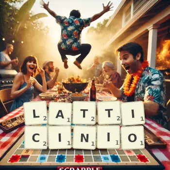 Creative illustration for a Scrabble game with the word LATTICINIO spelled out in tiles on the board.