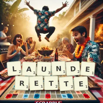 Creative illustration for a Scrabble game with the word LAUNDERETTE spelled out in tiles on the board.