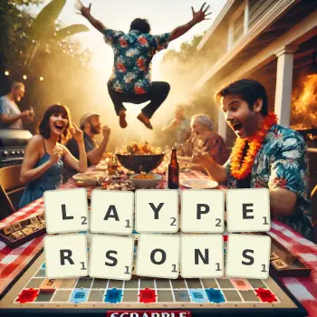 Creative illustration for a Scrabble game with the word LAYPERSONS spelled out in tiles on the board.