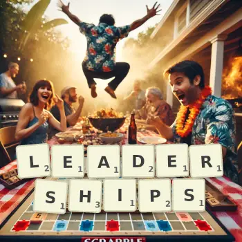 Creative illustration for a Scrabble game with the word LEADERSHIPS spelled out in tiles on the board.