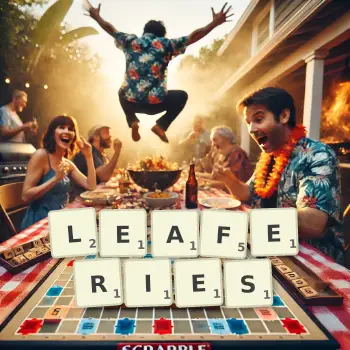 Creative illustration for a Scrabble game with the word LEAFERIES spelled out in tiles on the board.