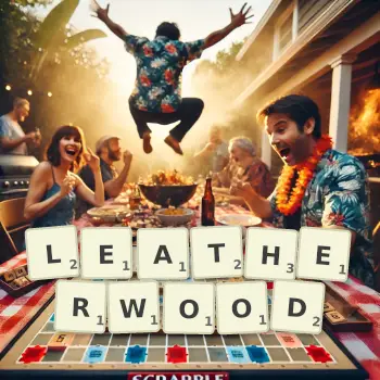 Creative illustration for a Scrabble game with the word LEATHERWOOD spelled out in tiles on the board.