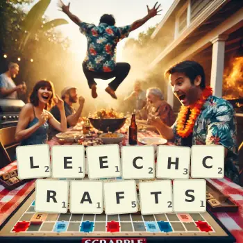 Creative illustration for a Scrabble game with the word LEECHCRAFTS spelled out in tiles on the board.