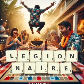 Creative illustration for a Scrabble game with the word LEGIONNAIRE spelled out in tiles on the board.