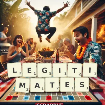 Creative illustration for a Scrabble game with the word LEGITIMATES spelled out in tiles on the board.