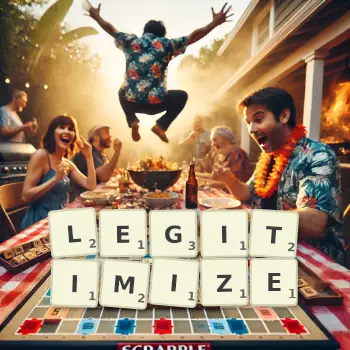 Creative illustration for a Scrabble game with the word LEGITIMIZE spelled out in tiles on the board.