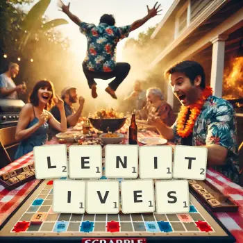 Creative illustration for a Scrabble game with the word LENITIVES spelled out in tiles on the board.