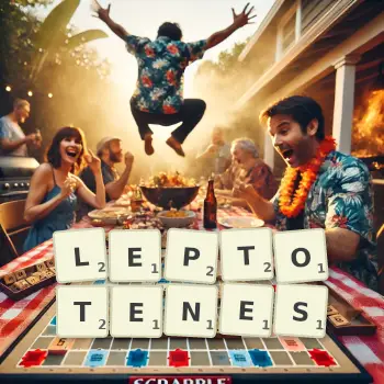 Creative illustration for a Scrabble game with the word LEPTOTENES spelled out in tiles on the board.