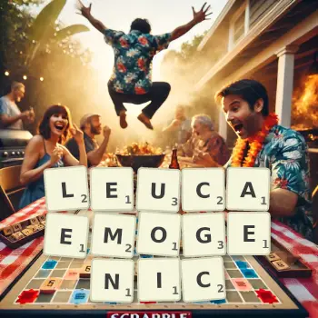 Creative illustration for a Scrabble game with the word LEUCAEMOGENIC spelled out in tiles on the board.