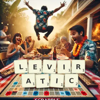 Creative illustration for a Scrabble game with the word LEVIRATIC spelled out in tiles on the board.