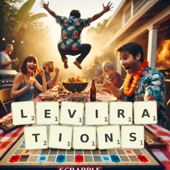 Creative illustration for a Scrabble game with the word LEVIRATIONS spelled out in tiles on the board.