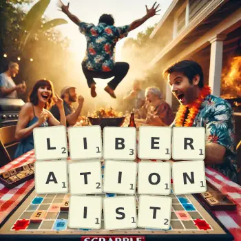 Creative illustration for a Scrabble game with the word LIBERATIONIST spelled out in tiles on the board.