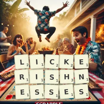 Creative illustration for a Scrabble game with the word LICKERISHNESSES spelled out in tiles on the board.
