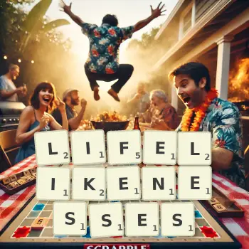 Creative illustration for a Scrabble game with the word LIFELIKENESSES spelled out in tiles on the board.