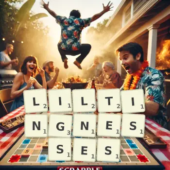 Creative illustration for a Scrabble game with the word LILTINGNESSES spelled out in tiles on the board.