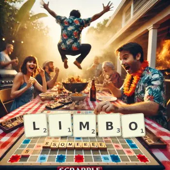 Creative illustration for a Scrabble game with the word LIMBO spelled out in tiles on the board.