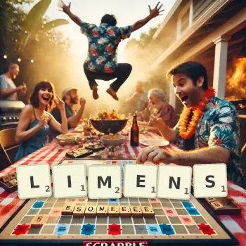 Creative illustration for a Scrabble game with the word LIMENS spelled out in tiles on the board.