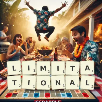 Creative illustration for a Scrabble game with the word LIMITATIONAL spelled out in tiles on the board.