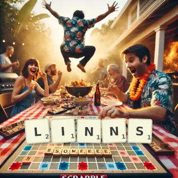 Creative illustration for a Scrabble game with the word LINNS spelled out in tiles on the board.