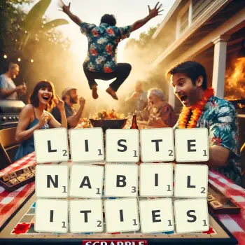 Creative illustration for a Scrabble game with the word LISTENABILITIES spelled out in tiles on the board.