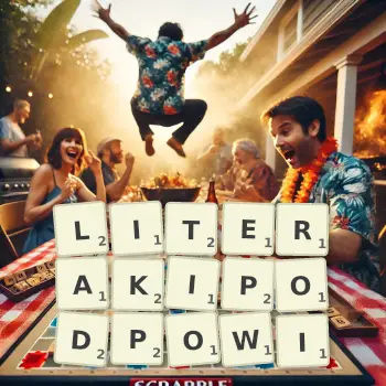 Creative illustration for a Scrabble game with the word LITERAKIPODPOWI spelled out in tiles on the board.