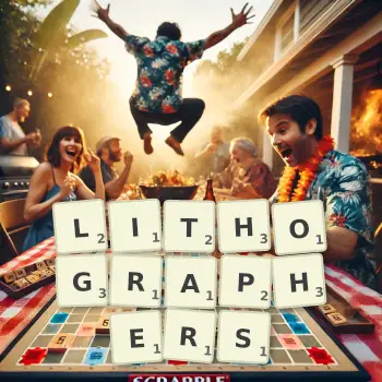 Creative illustration for a Scrabble game with the word LITHOGRAPHERS spelled out in tiles on the board.