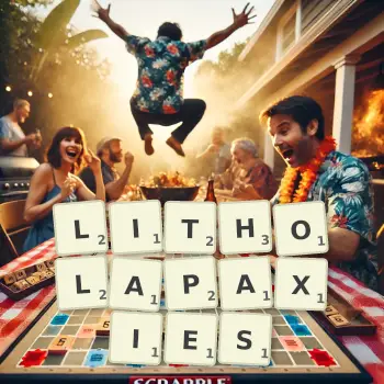 Creative illustration for a Scrabble game with the word LITHOLAPAXIES spelled out in tiles on the board.
