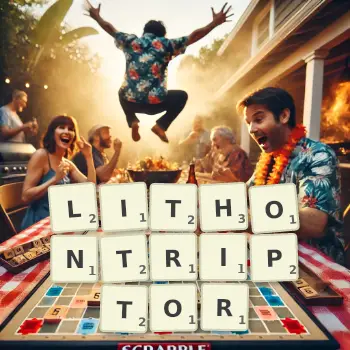 Creative illustration for a Scrabble game with the word LITHONTRIPTOR spelled out in tiles on the board.