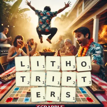 Creative illustration for a Scrabble game with the word LITHOTRIPTERS spelled out in tiles on the board.
