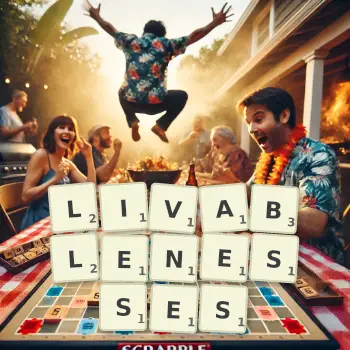 Creative illustration for a Scrabble game with the word LIVABLENESSES spelled out in tiles on the board.