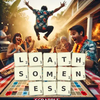 Creative illustration for a Scrabble game with the word LOATHSOMENESS spelled out in tiles on the board.