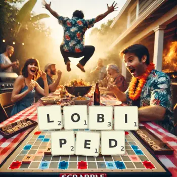 Creative illustration for a Scrabble game with the word LOBIPED spelled out in tiles on the board.
