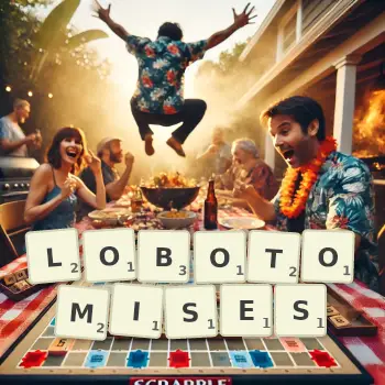 Creative illustration for a Scrabble game with the word LOBOTOMISES spelled out in tiles on the board.