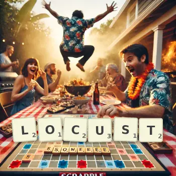 Creative illustration for a Scrabble game with the word LOCUST spelled out in tiles on the board.