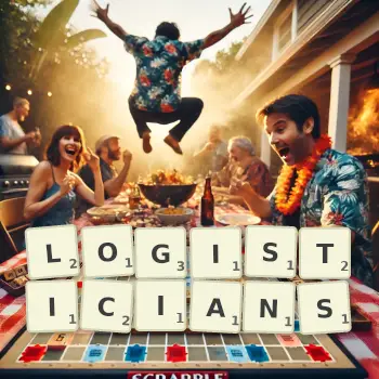 Creative illustration for a Scrabble game with the word LOGISTICIANS spelled out in tiles on the board.