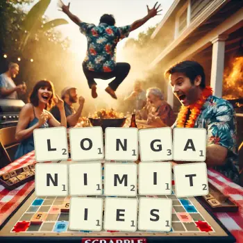 Creative illustration for a Scrabble game with the word LONGANIMITIES spelled out in tiles on the board.