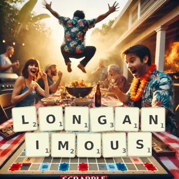 Creative illustration for a Scrabble game with the word LONGANIMOUS spelled out in tiles on the board.