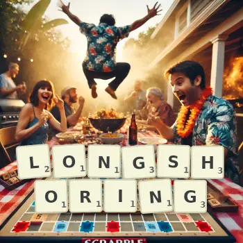 Creative illustration for a Scrabble game with the word LONGSHORING spelled out in tiles on the board.