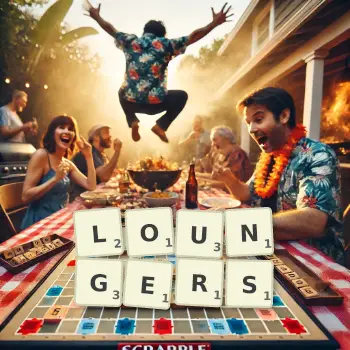 Creative illustration for a Scrabble game with the word LOUNGERS spelled out in tiles on the board.