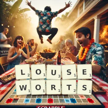Creative illustration for a Scrabble game with the word LOUSEWORTS spelled out in tiles on the board.