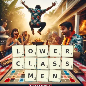Creative illustration for a Scrabble game with the word LOWERCLASSMEN spelled out in tiles on the board.