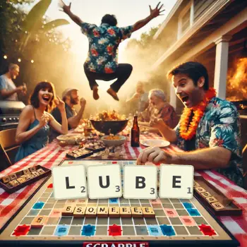 Creative illustration for a Scrabble game with the word LUBE spelled out in tiles on the board.