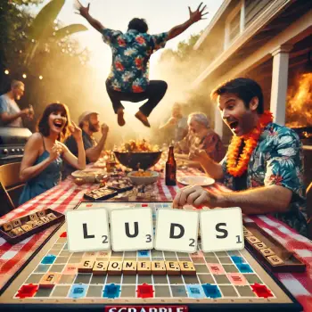 Creative illustration for a Scrabble game with the word LUDS spelled out in tiles on the board.
