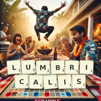 Creative illustration for a Scrabble game with the word LUMBRICALIS spelled out in tiles on the board.