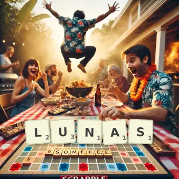 Creative illustration for a Scrabble game with the word LUNAS spelled out in tiles on the board.