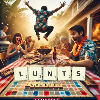 Creative illustration for a Scrabble game with the word LUNTS spelled out in tiles on the board.