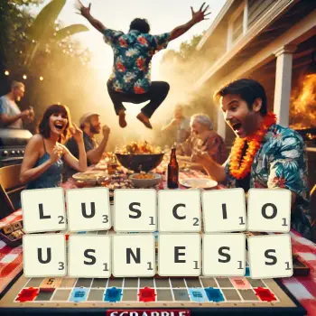 Creative illustration for a Scrabble game with the word LUSCIOUSNESS spelled out in tiles on the board.